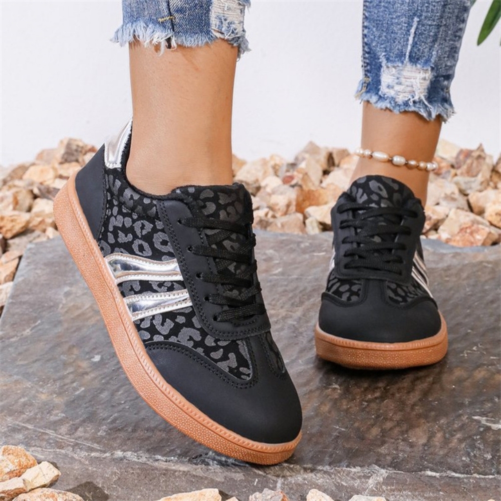 Contrasting Leopard Metallic Lace-up Sneakers Faux Leather Flat Athletic Shoes - Picture 2 of 8
